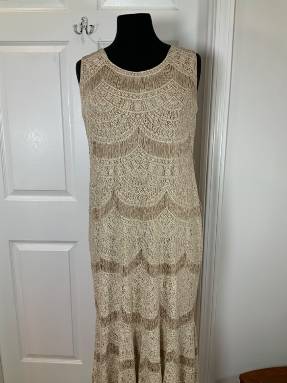 Lillie Rubin Champagne Gold Embroidered Lace Midi Dress Art Deco Glam Medium - Picture 3 of 11